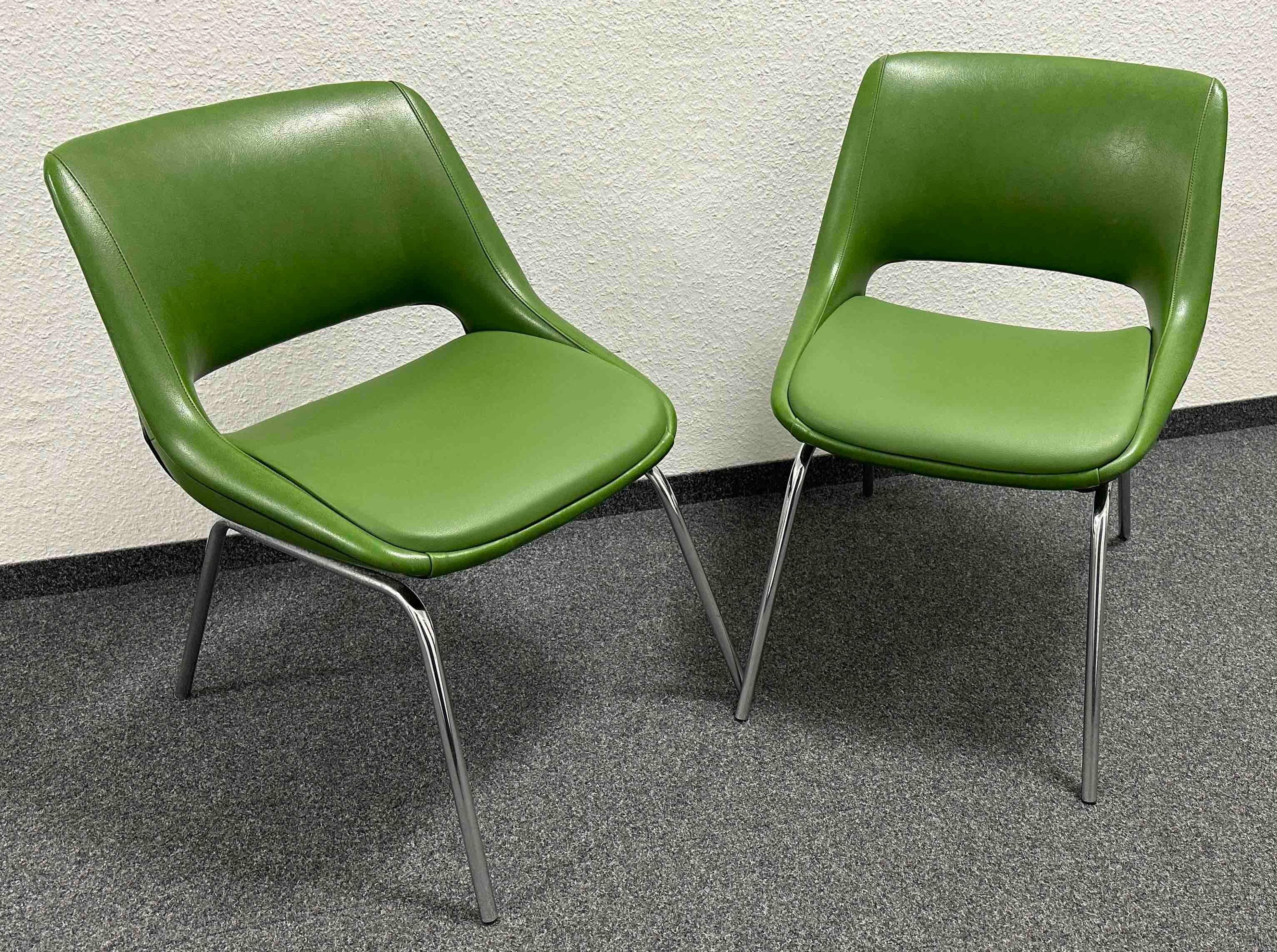 Two Chrome Base, Green Faux Leather Chairs Made by Blaha, Austria, 1970s For Sale 7
