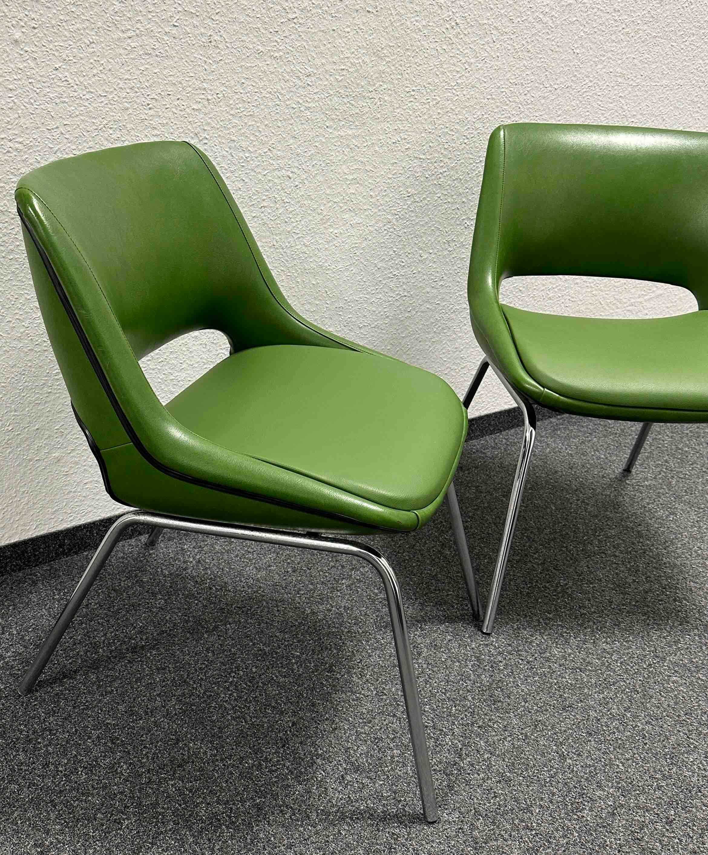 Two Chrome Base, Green Faux Leather Chairs Made by Blaha, Austria, 1970s For Sale 9