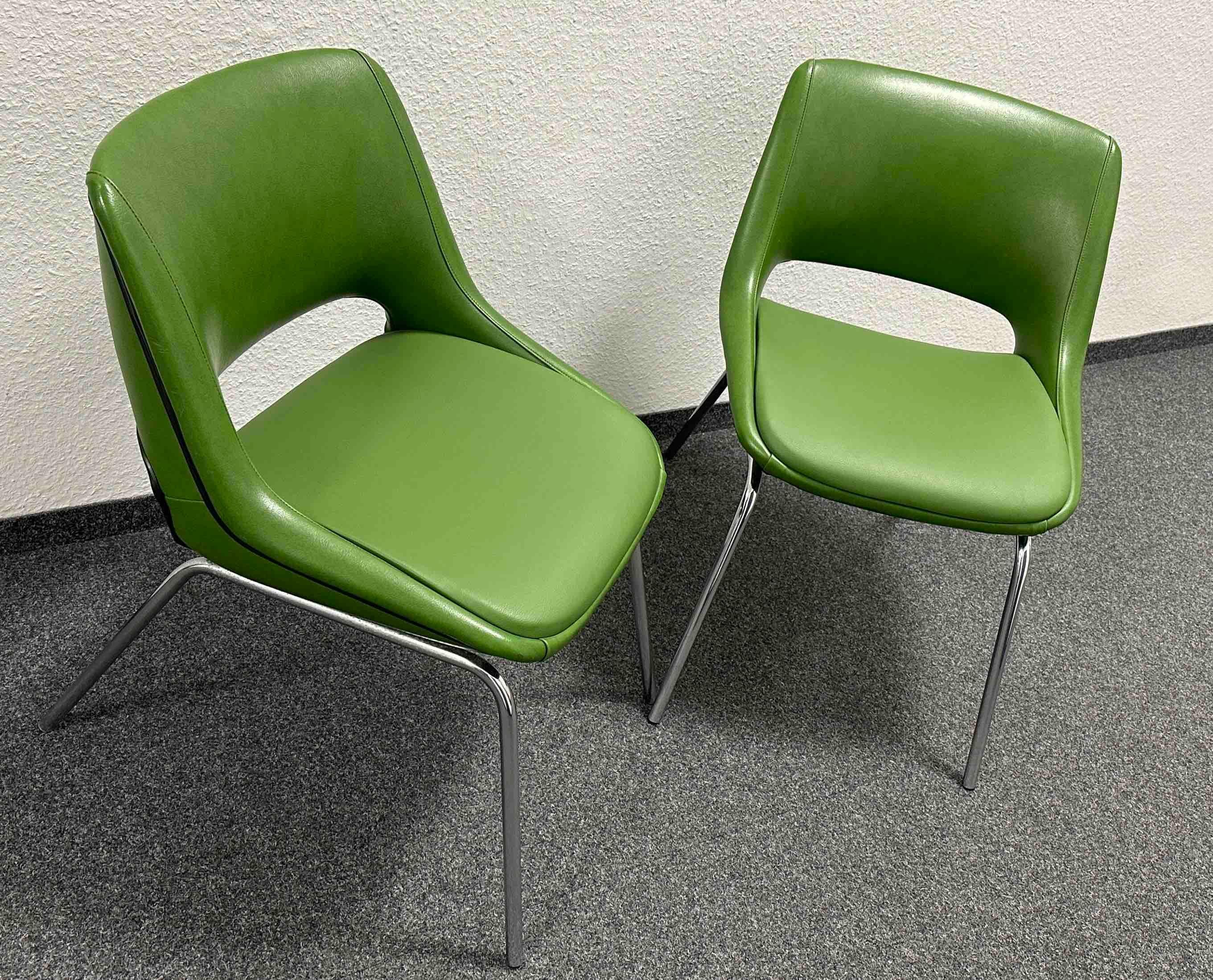 Two Chrome Base, Green Faux Leather Chairs Made by Blaha, Austria, 1970s For Sale 10