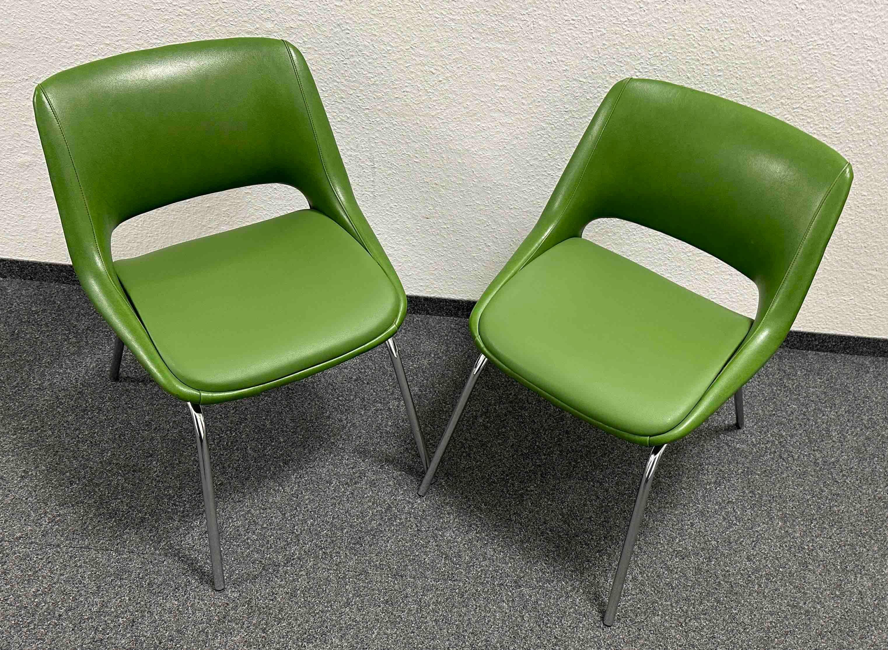 Two Chrome Base, Green Faux Leather Chairs Made by Blaha, Austria, 1970s For Sale 11