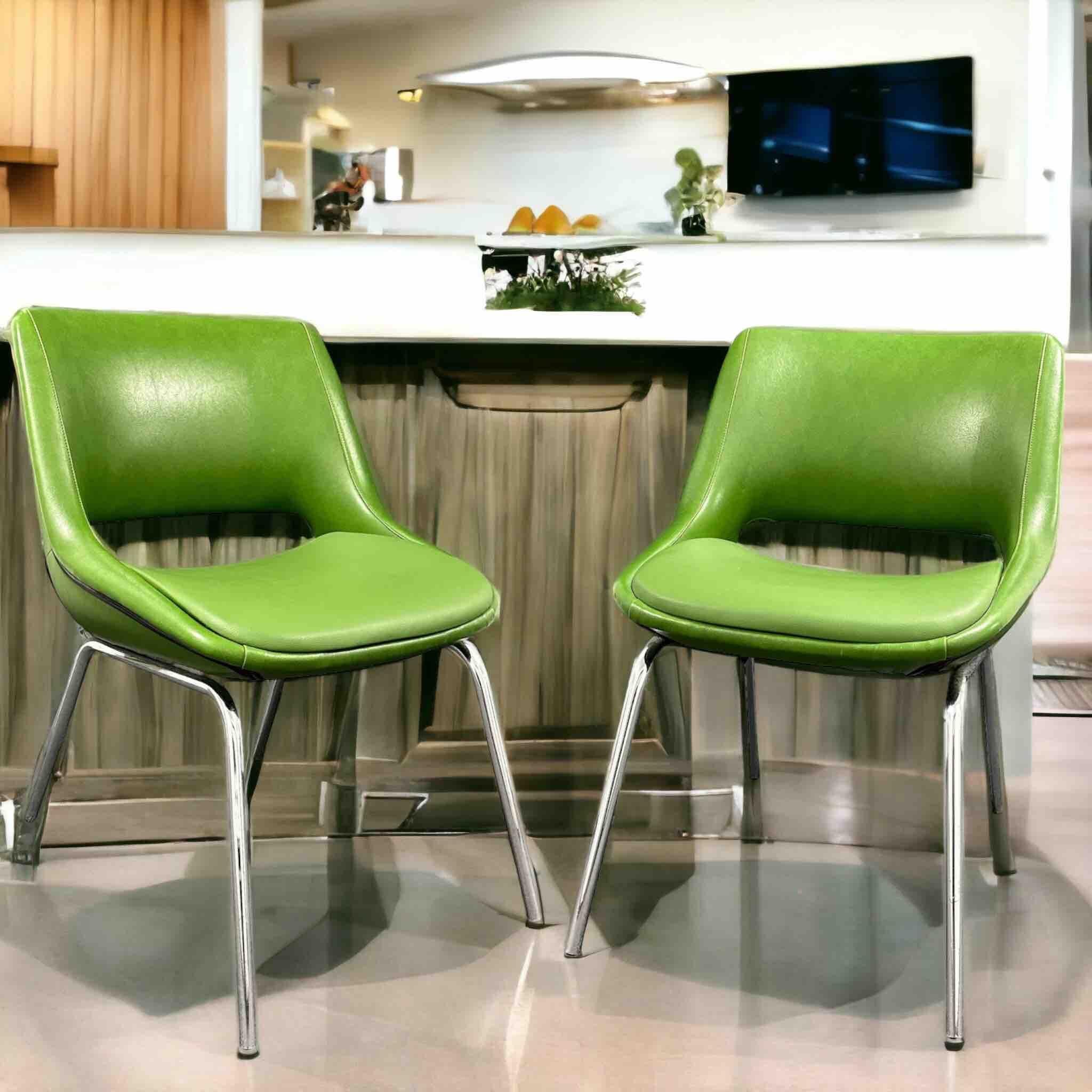 Offered is a set of two gorgeous lounge chairs. Once used in the seating areas of homes, these chrome steel frame chairs were manufactured by manufacturer Blaha Sitzmobel in Austria. There is a corresponding label under the seat of the chairs. The