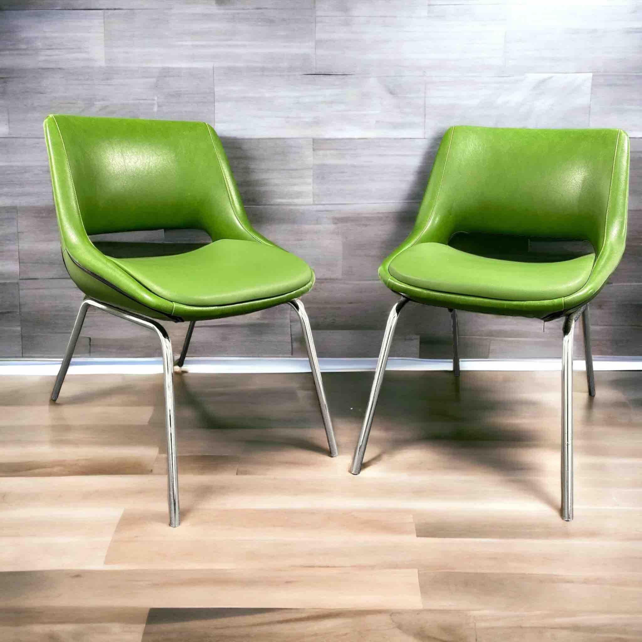 Mid-Century Modern Two Chrome Base, Green Faux Leather Chairs Made by Blaha, Austria, 1970s For Sale