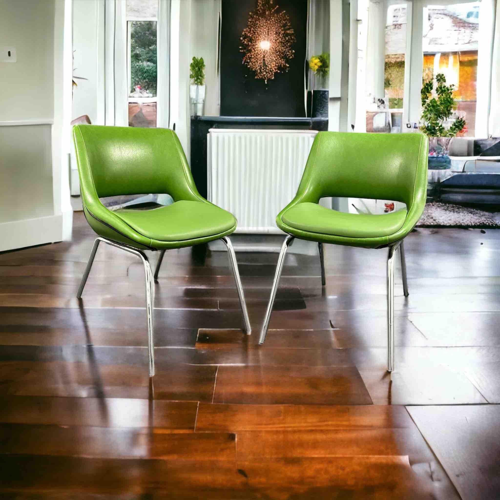 Austrian Two Chrome Base, Green Faux Leather Chairs Made by Blaha, Austria, 1970s For Sale