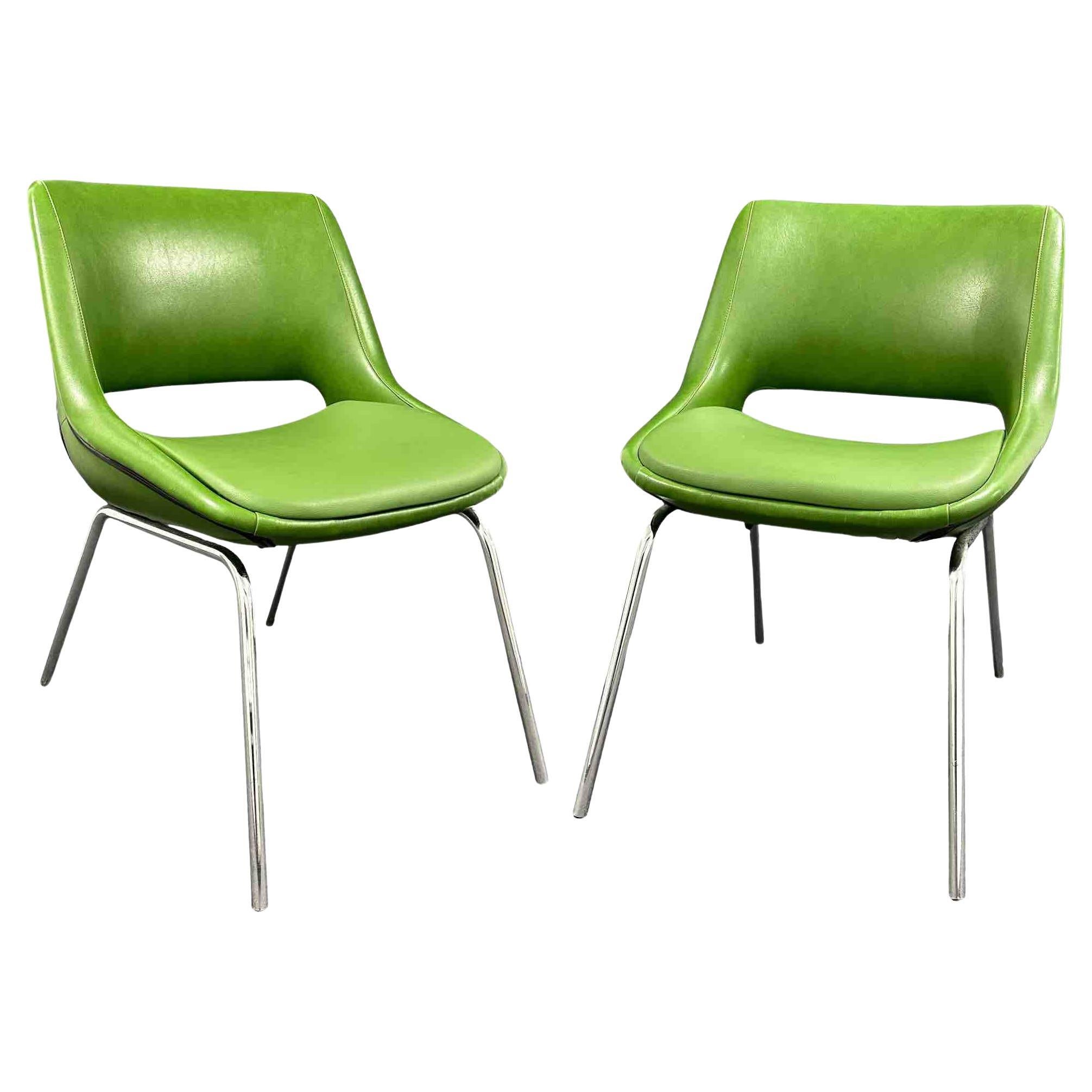 Two Chrome Base, Green Faux Leather Chairs Made by Blaha, Austria, 1970s For Sale