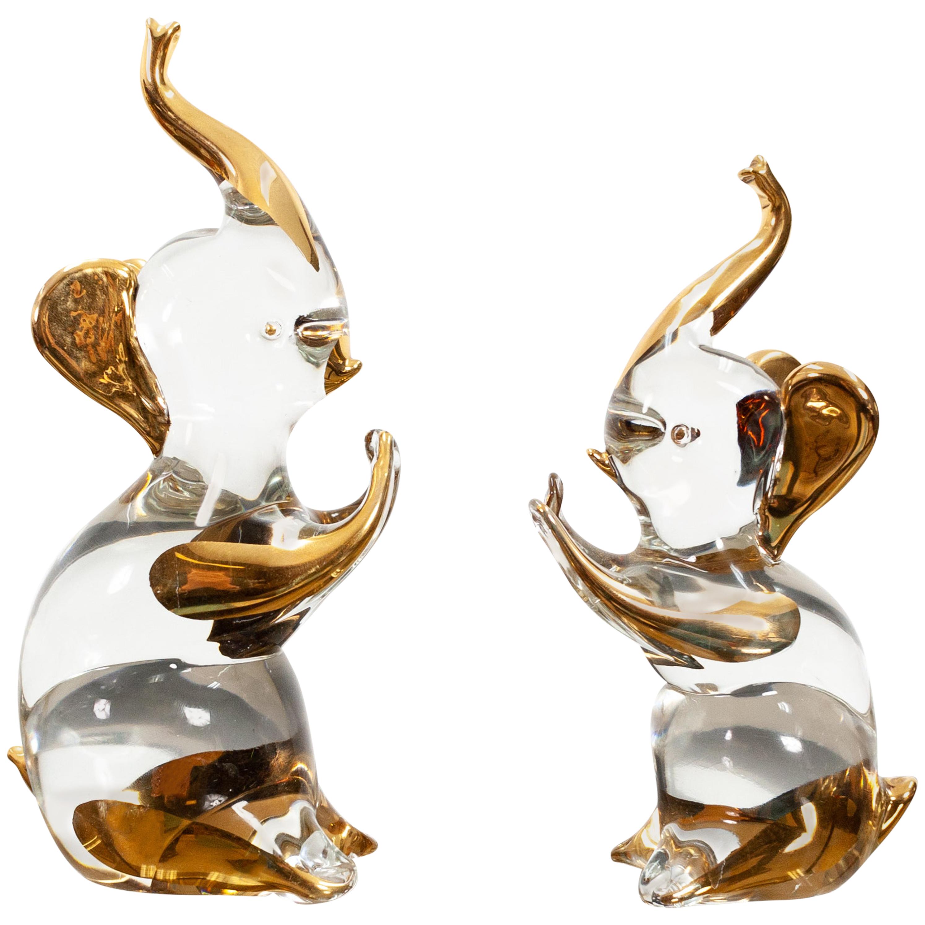 Deux éléphants en verre de Murano, années 1980