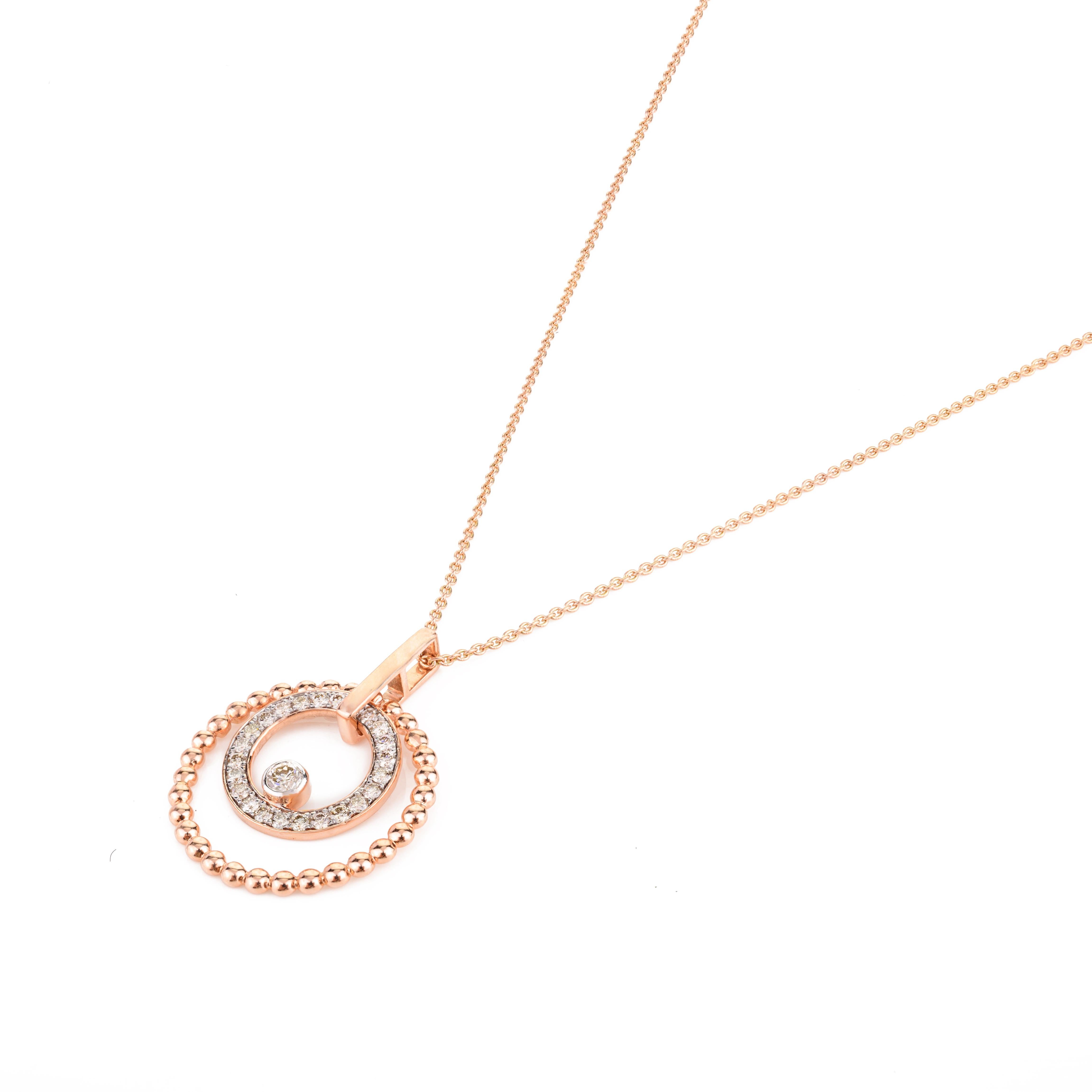 Modernist Two Circle Spiral Diamond Pendant Necklace 14k Solid Rose Gold Fine Jewelry For Sale