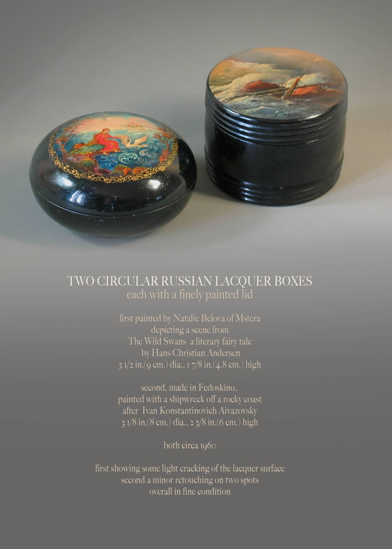 Two circular Russian lacquer boxes, each with a finely painted lid.

First painted by Natalie Belova of Mstera depicting a scene from The Wild Swans, a literary fairy tale by Hans Christian Andersen, measuring 3 1/2
