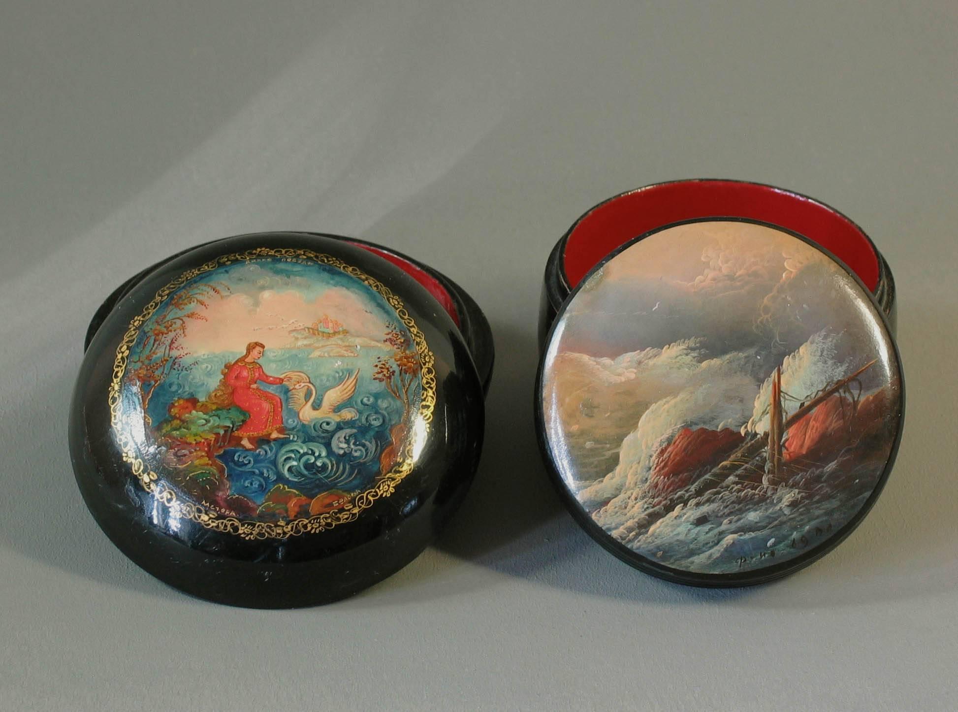 Baltic Two Circular Russian Lacquer Boxes
