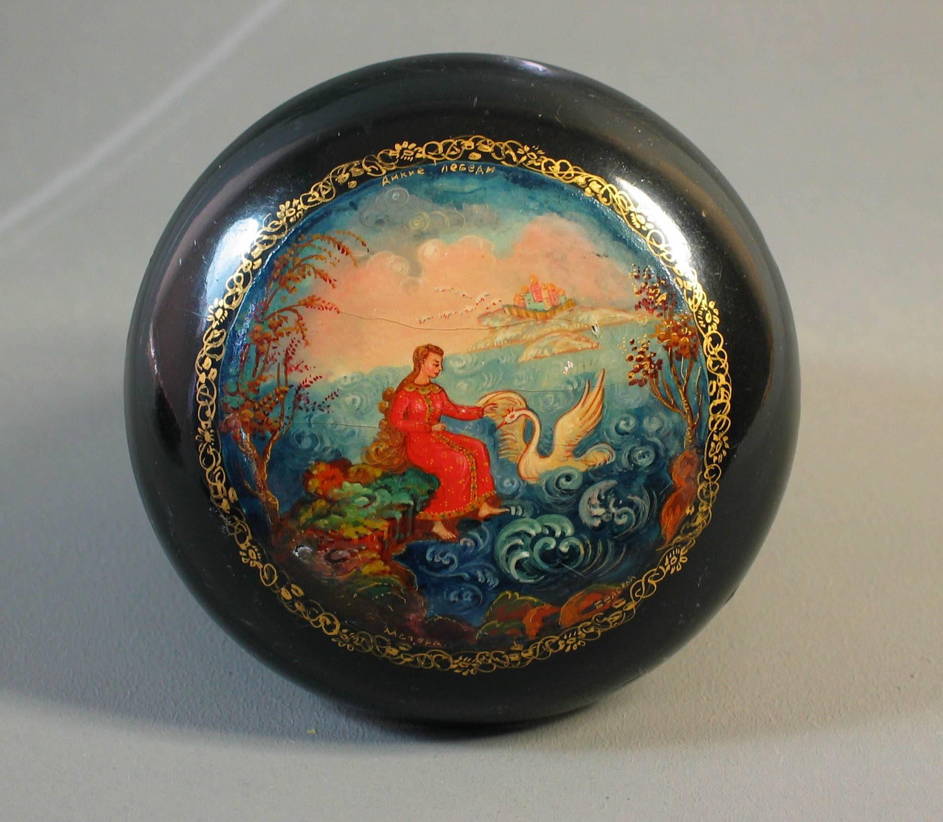 Hand-Painted Two Circular Russian Lacquer Boxes