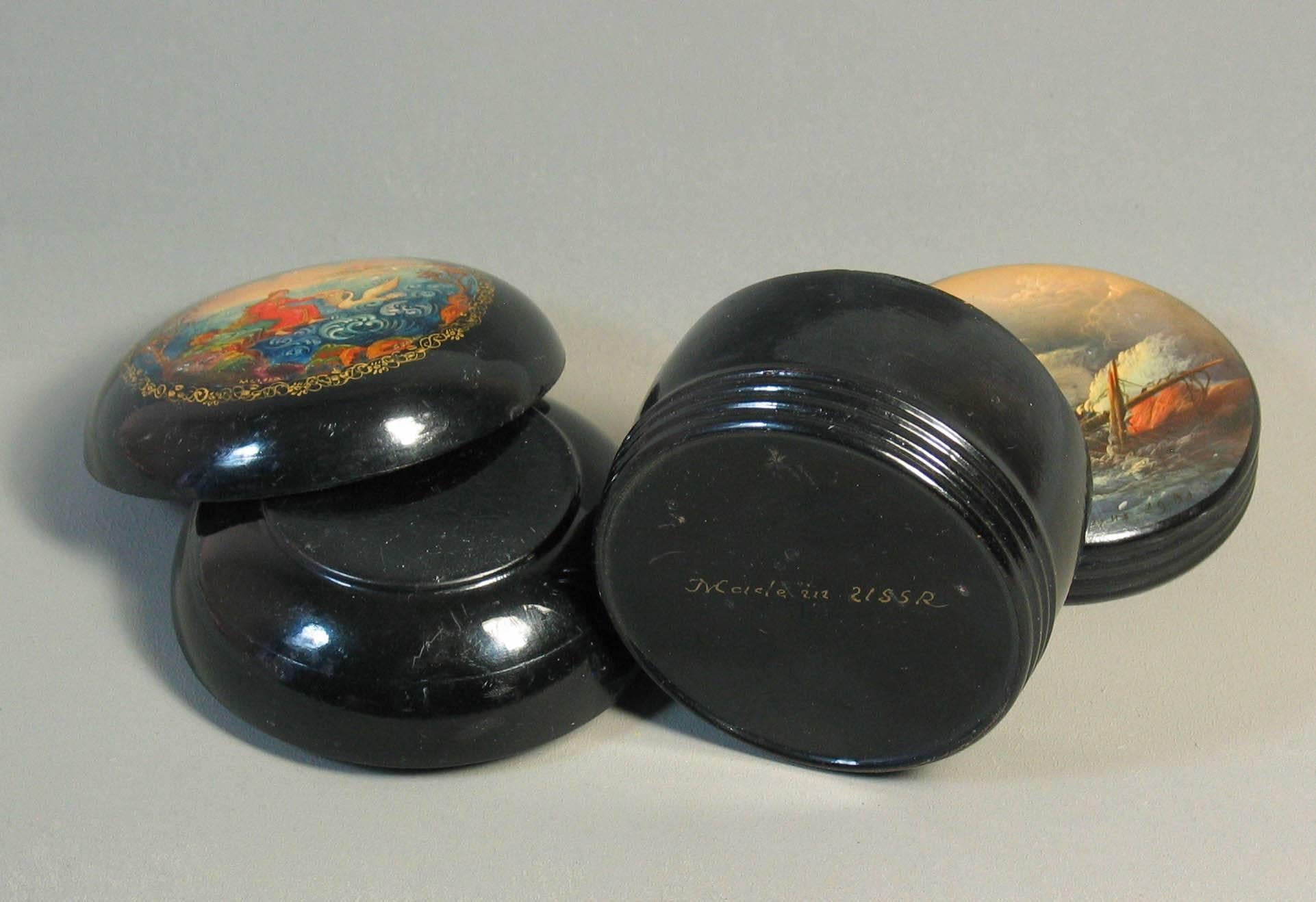 Mid-20th Century Two Circular Russian Lacquer Boxes