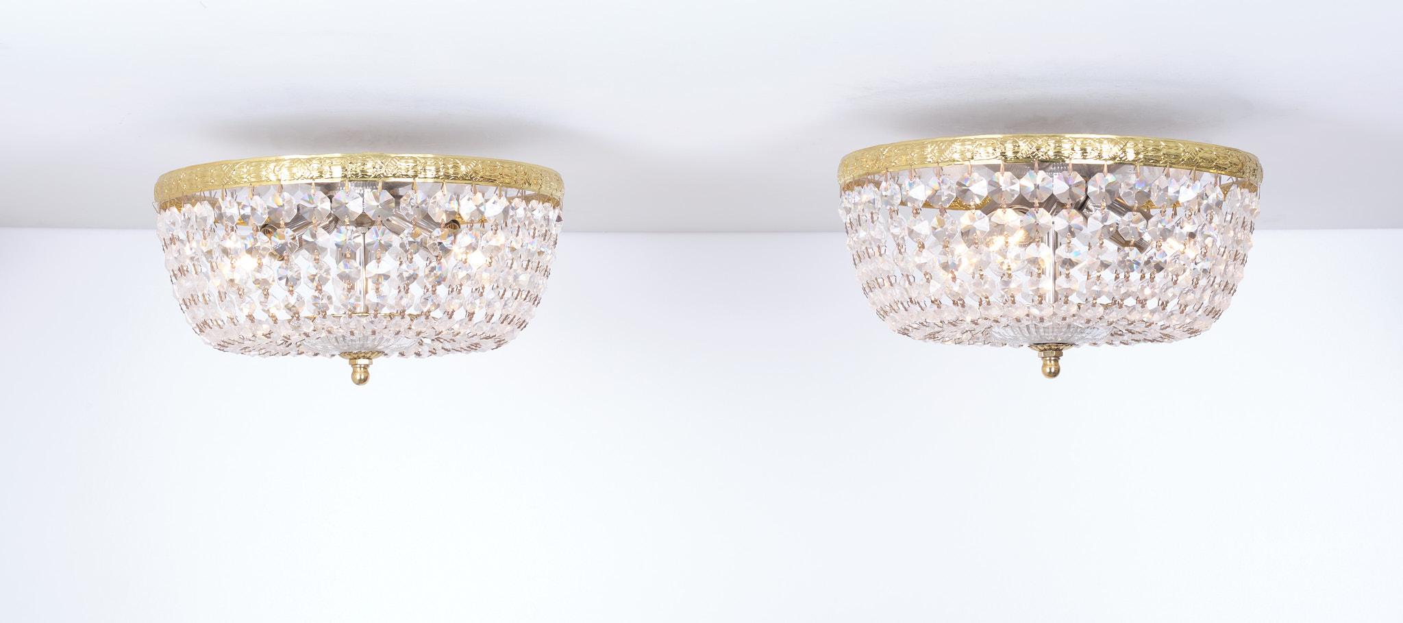 Hollywood Regency Two Classic Crystal Flush Mounts, France 1970s