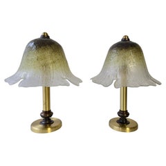 Vintage Two Classic Mushroom Lamps in Ice Glass