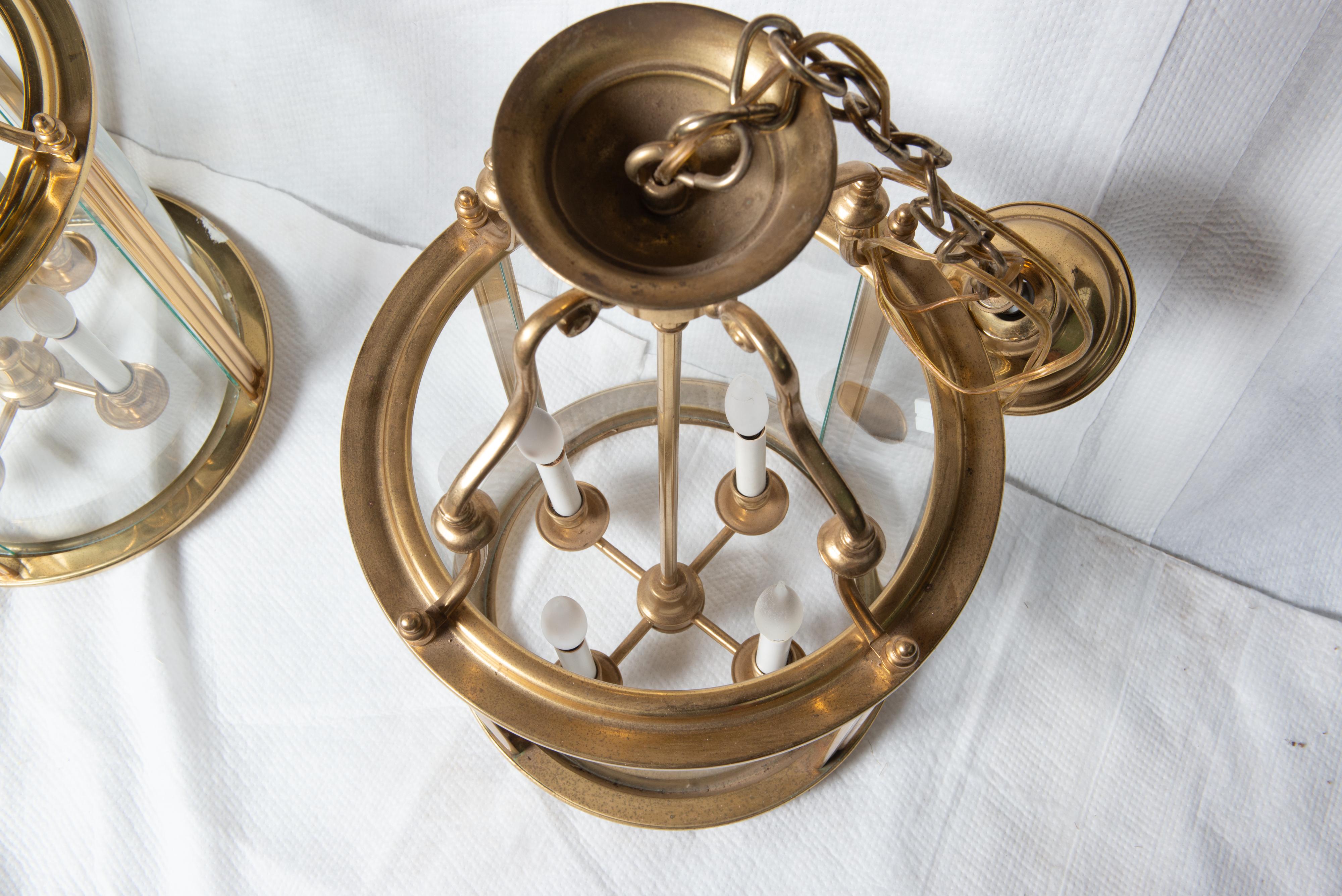Two Classical Four Light Brass Lanterns, Cylindrical For Sale 4