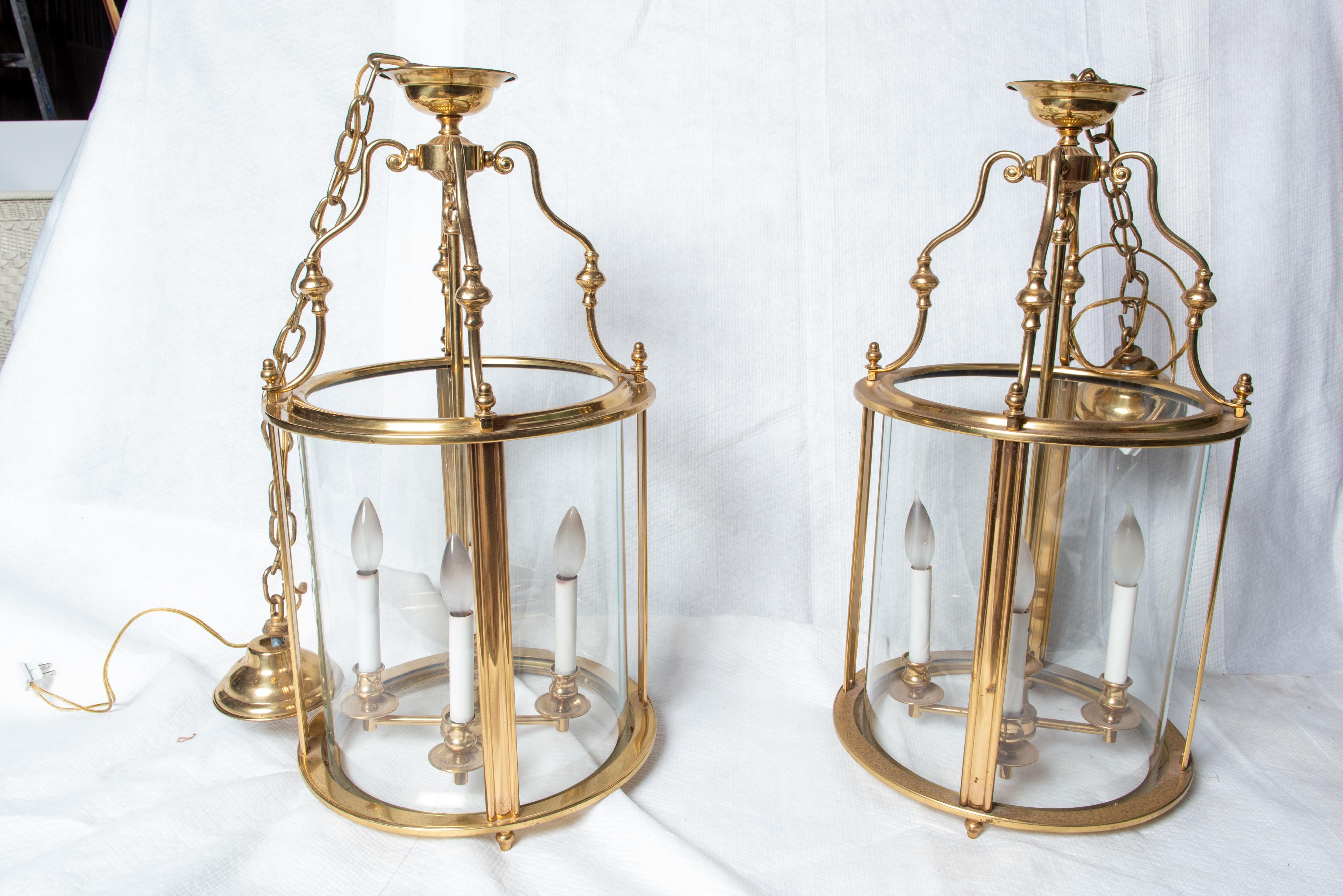 American Classical Two Classical Four Light Brass Lanterns, Cylindrical For Sale