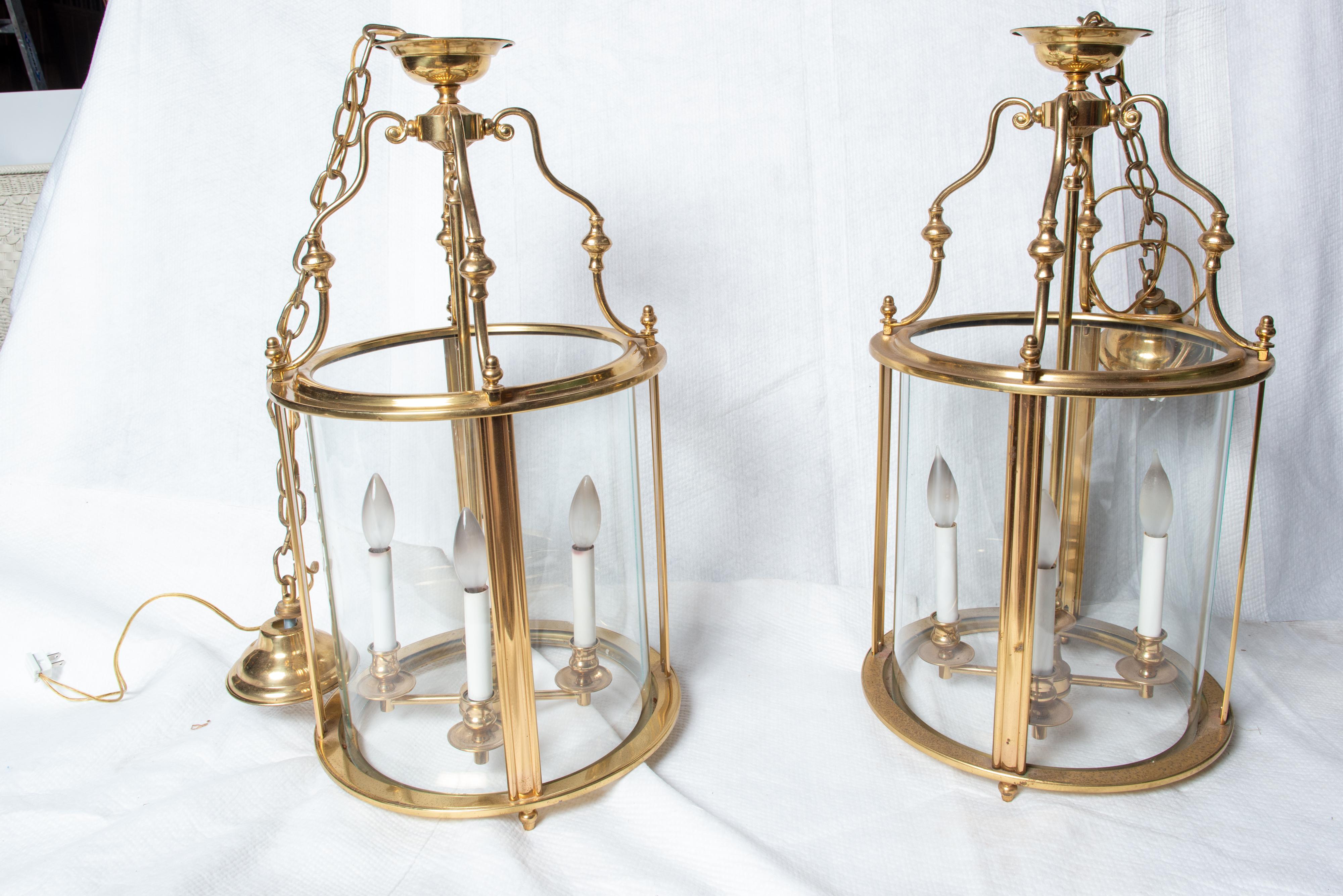 American Two Classical Four Light Brass Lanterns, Cylindrical For Sale