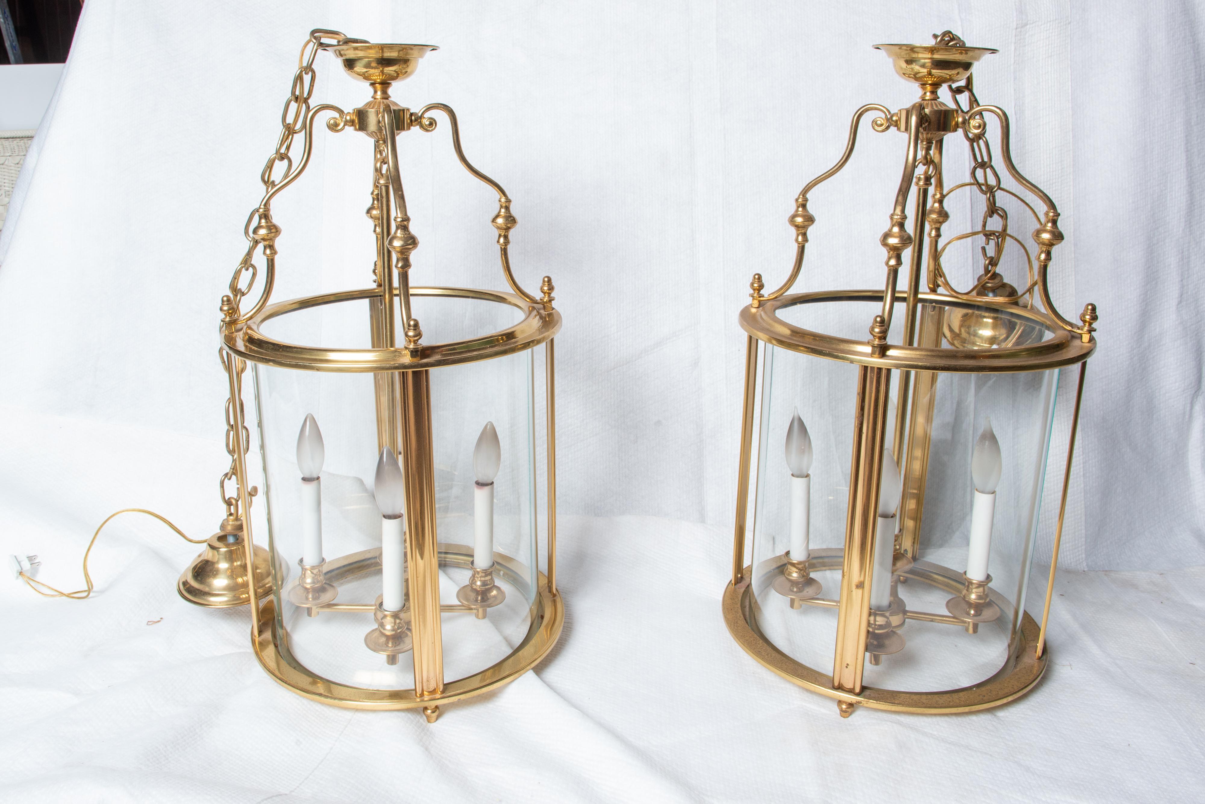 Two Classical Four Light Brass Lanterns, Cylindrical In Good Condition For Sale In Stamford, CT