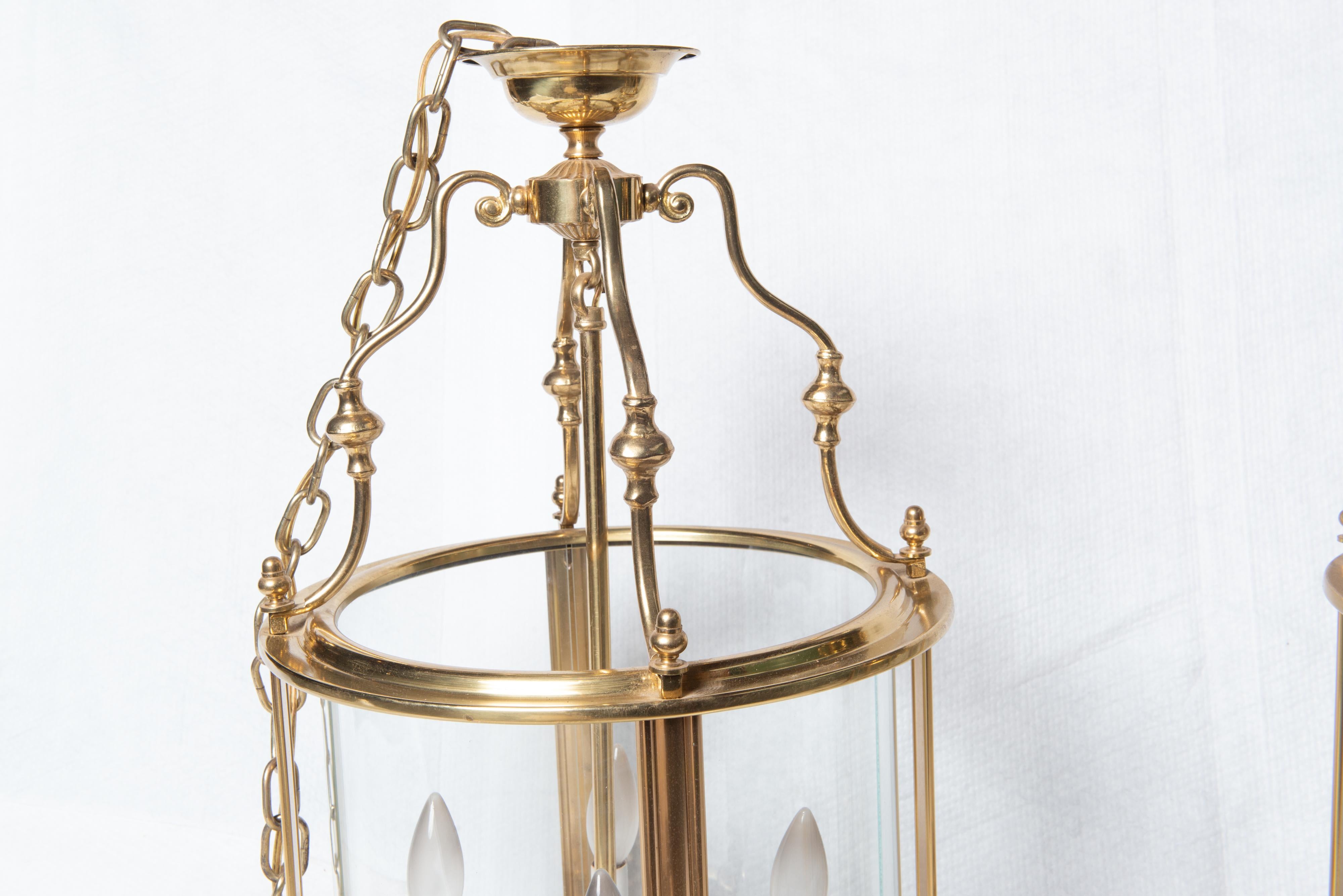 Glass Two Classical Four Light Brass Lanterns, Cylindrical For Sale