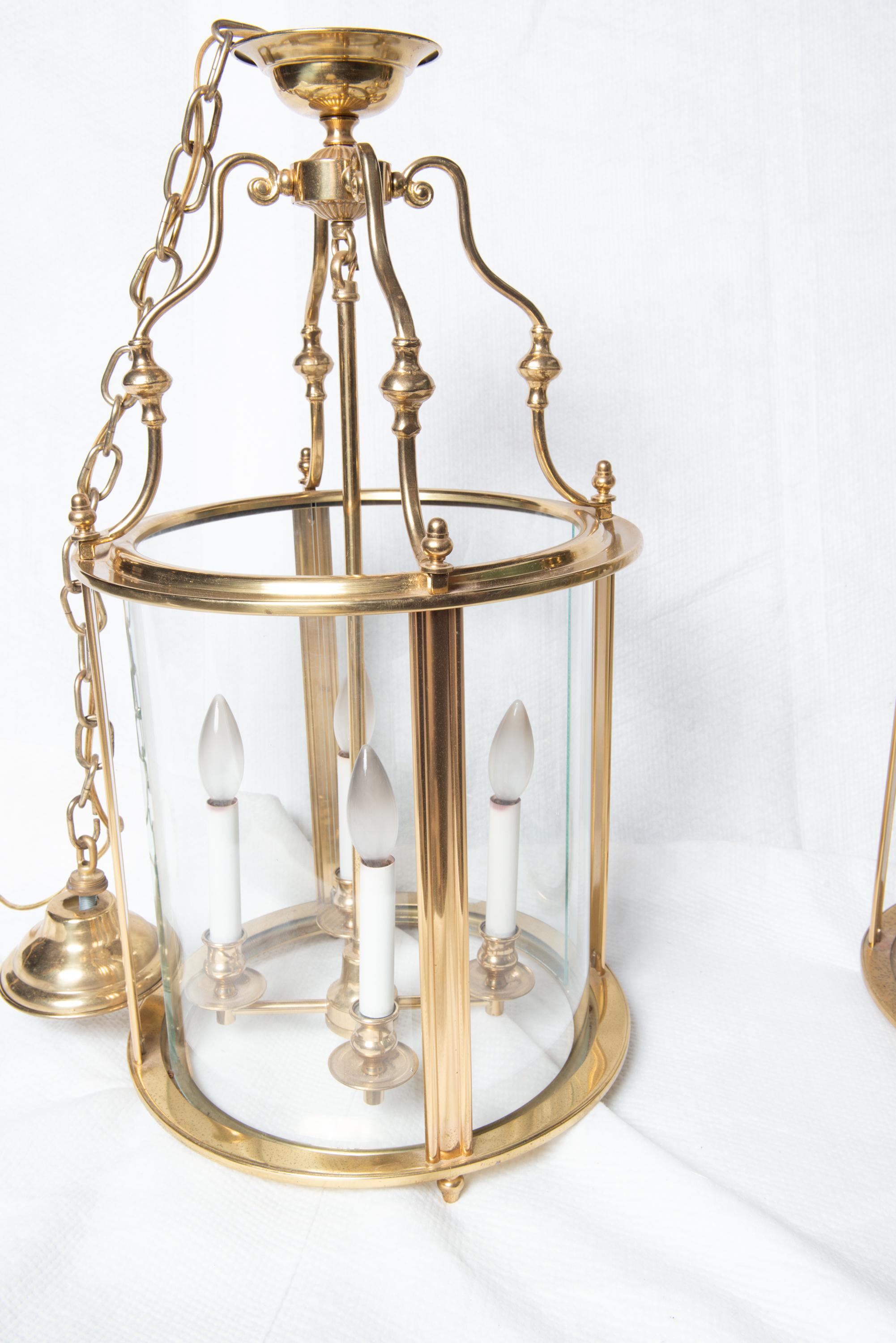 Two Classical Four Light Brass Lanterns, Cylindrical For Sale 1