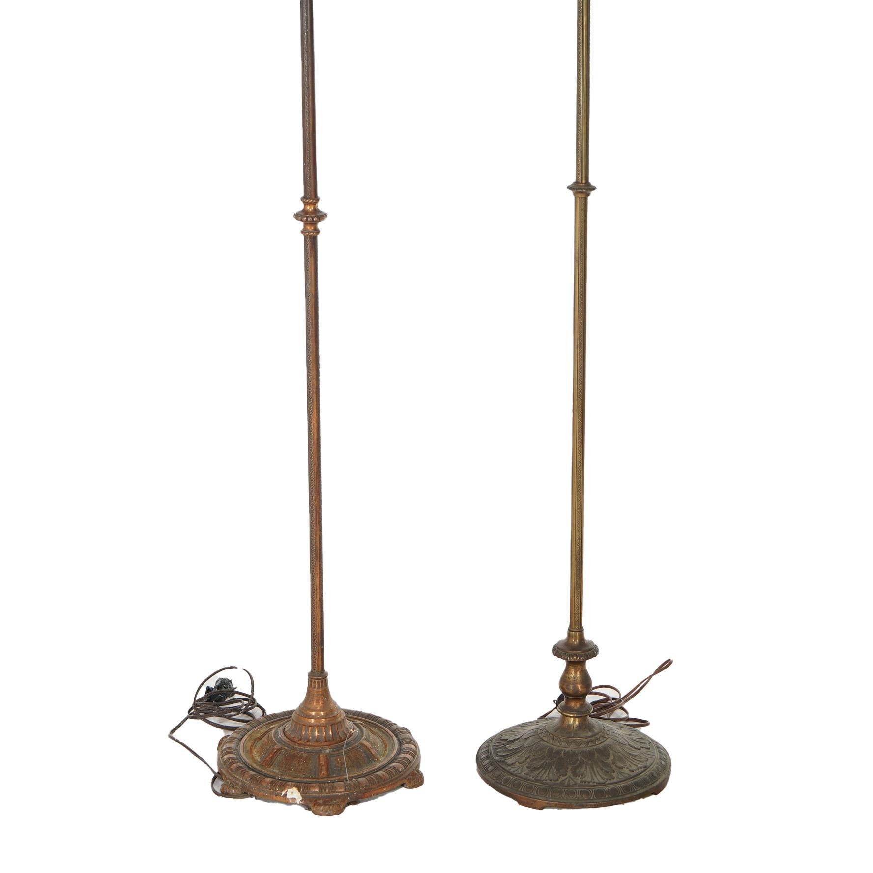 American Two Classical Torchiere Gilt Metal & Amber Glass Floor Lamps by Lightolier