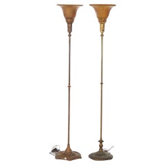 Two Classical Torchiere Gilt Metal & Amber Glass Floor Lamps by Lightolier