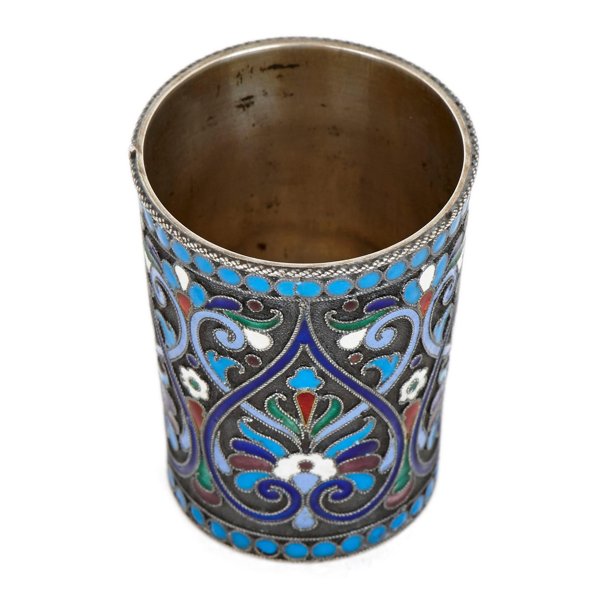 Cloissoné Two Cloisonné Enamel and Silver Russian Drinking Cups For Sale