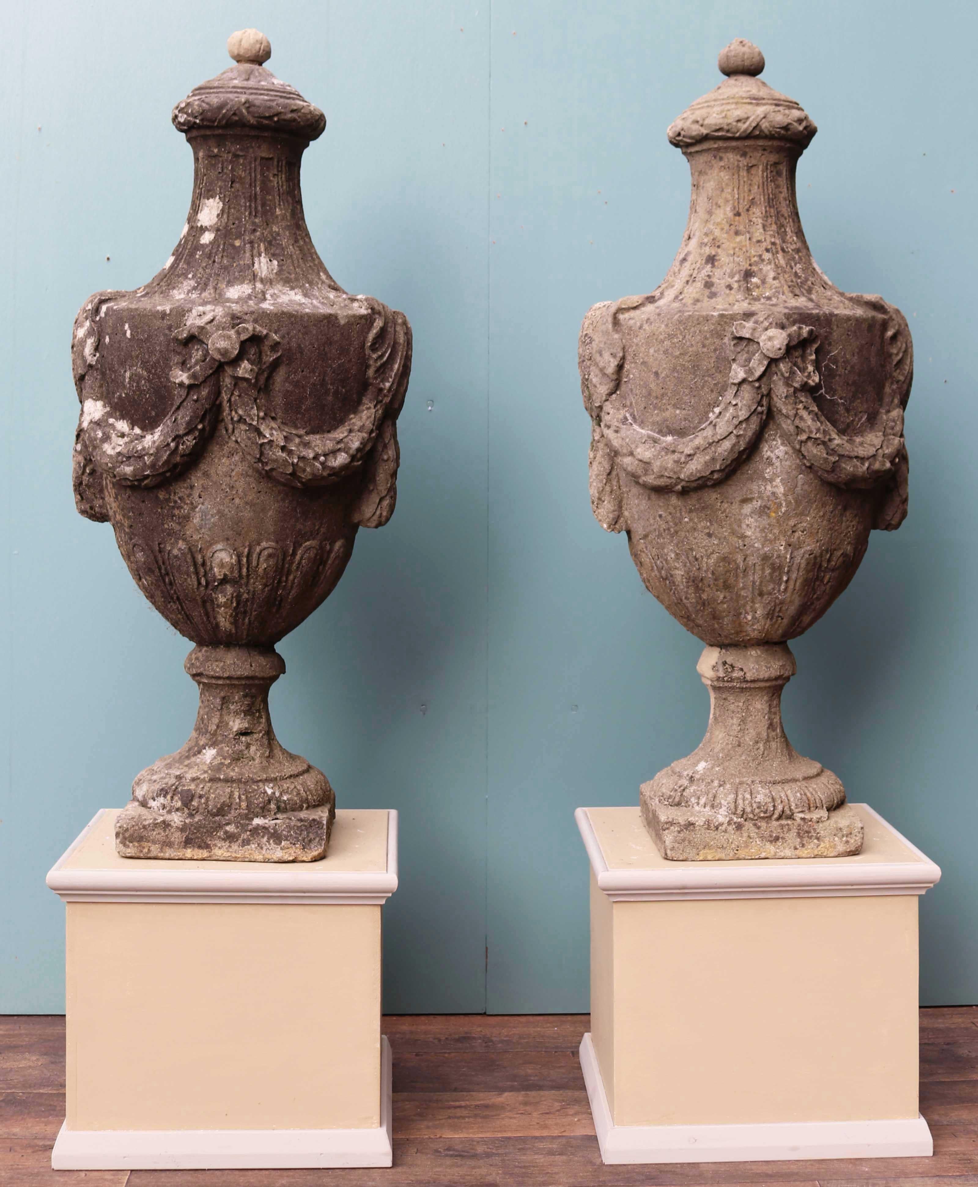 Two Coade Style Lidded Urns In Fair Condition For Sale In Wormelow, Herefordshire