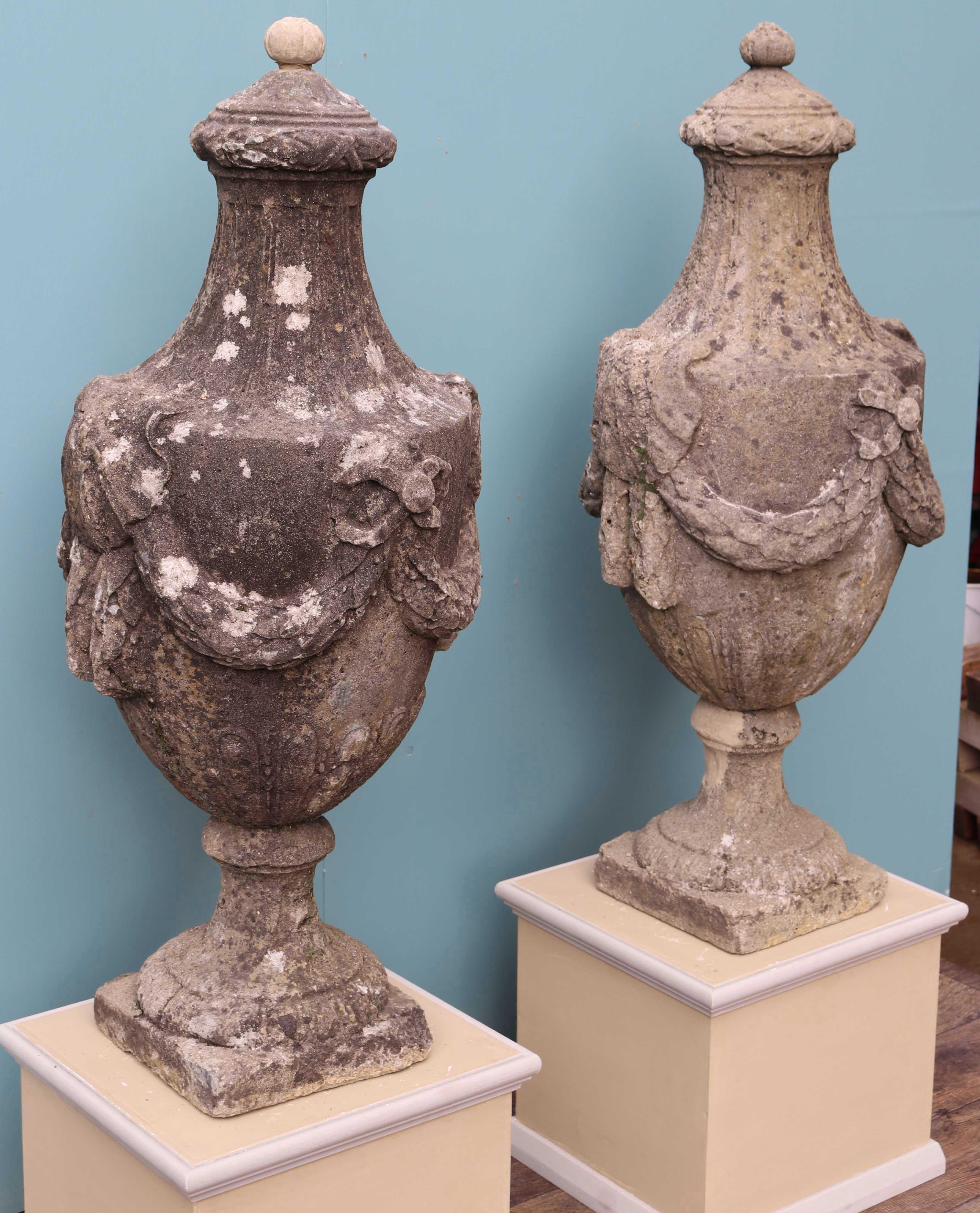 Stone Two Coade Style Lidded Urns For Sale