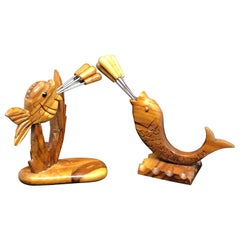 Two Cocktail Picks Stands Fish Motif, Olive Tree Wood Design, 1970s