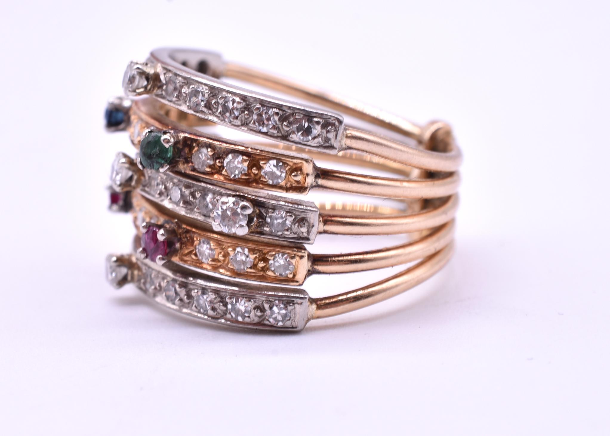 Art Deco Two-Color 15 Karat Gold Multi Gemstone Harem Ring