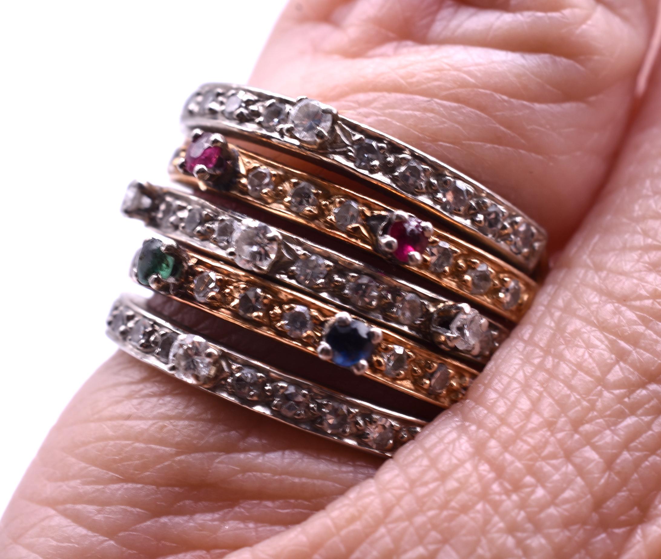 Two-Color 15 Karat Gold Multi Gemstone Harem Ring In Excellent Condition In Baltimore, MD