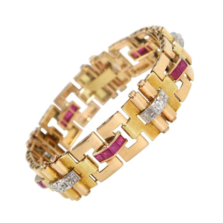 Two Color 18kt Gold Diamond & Ruby Retro Bracelet