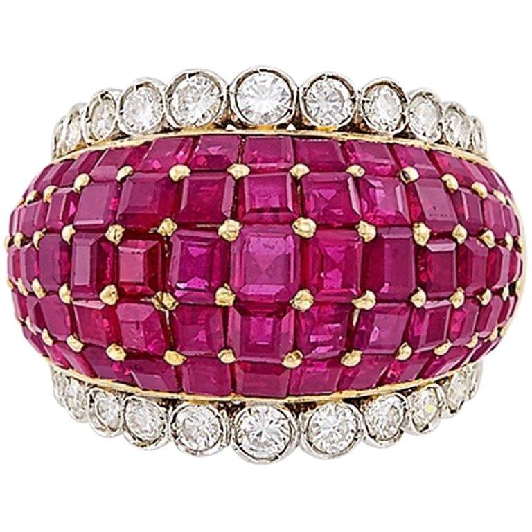 Two-Color Gold, 7 Carat Ruby and Diamond Bombé Ring For Sale
