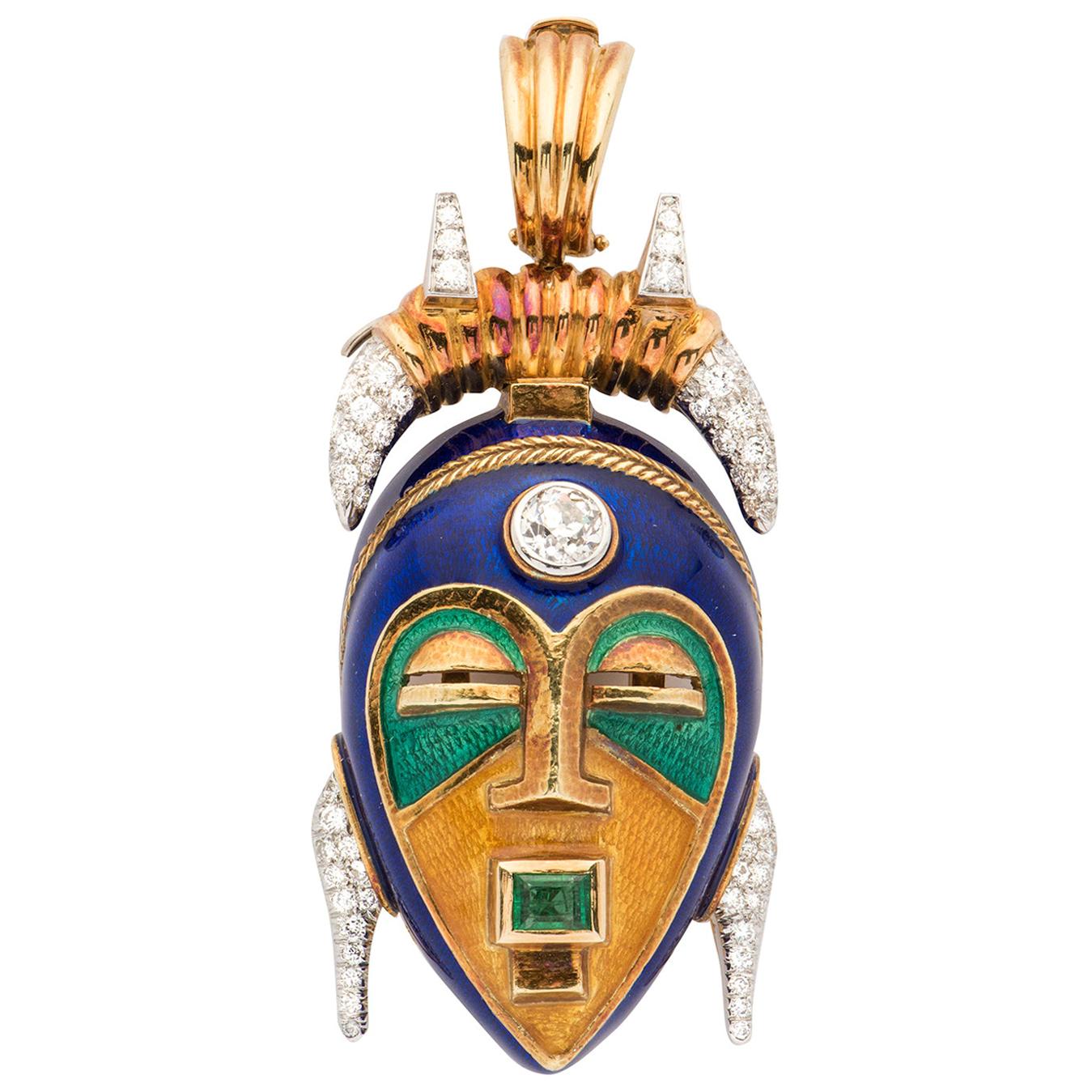 Two Color Gold Enamel/Diamonds and Emerald Mask Pendant Clip-Brooch