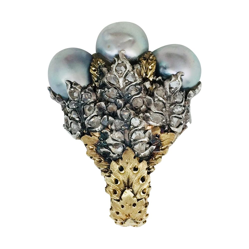 Contemporary Two-Color of Gold Buccellati Ring, Pearls and Diamonds