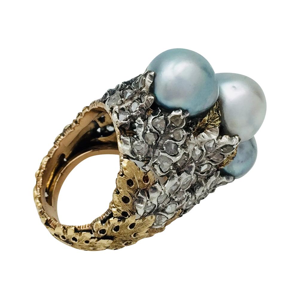 Women's or Men's Two-Color of Gold Buccellati Ring, Pearls and Diamonds