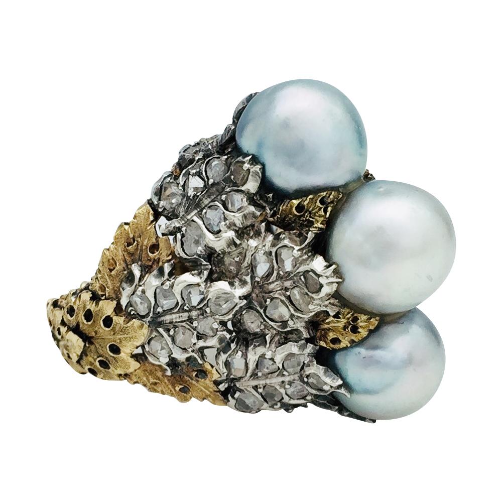 Two-Color of Gold Buccellati Ring, Pearls and Diamonds