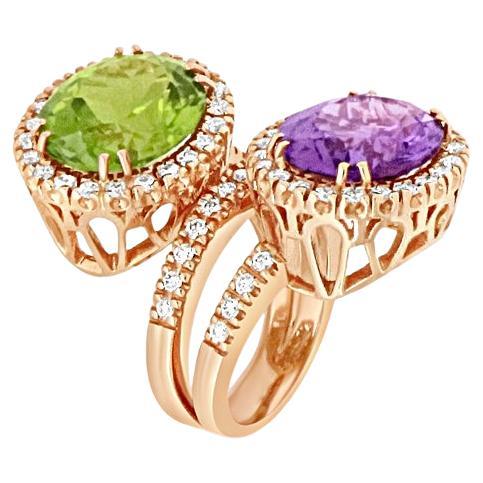 Two-Color Purple Amerthyst and Green Peridot Ring with Diamonds For Sale