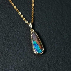Two Colored Australian Boulder Opal Pendant Necklace 14K Yellow Gold
