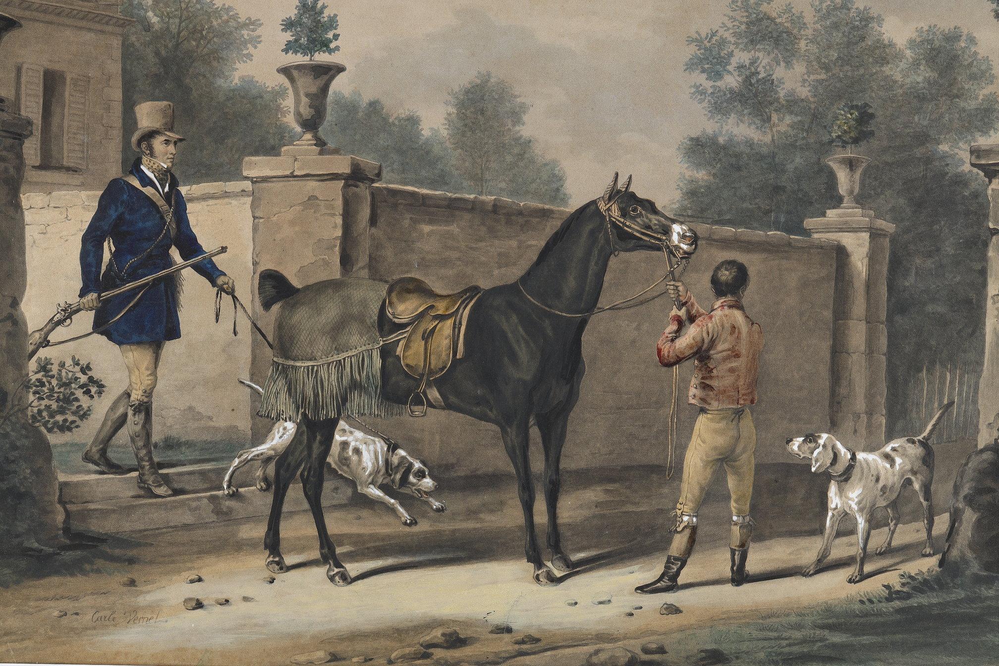 Two colored engravings enhanced with gouache, signed Carle Vernet For Sale 7