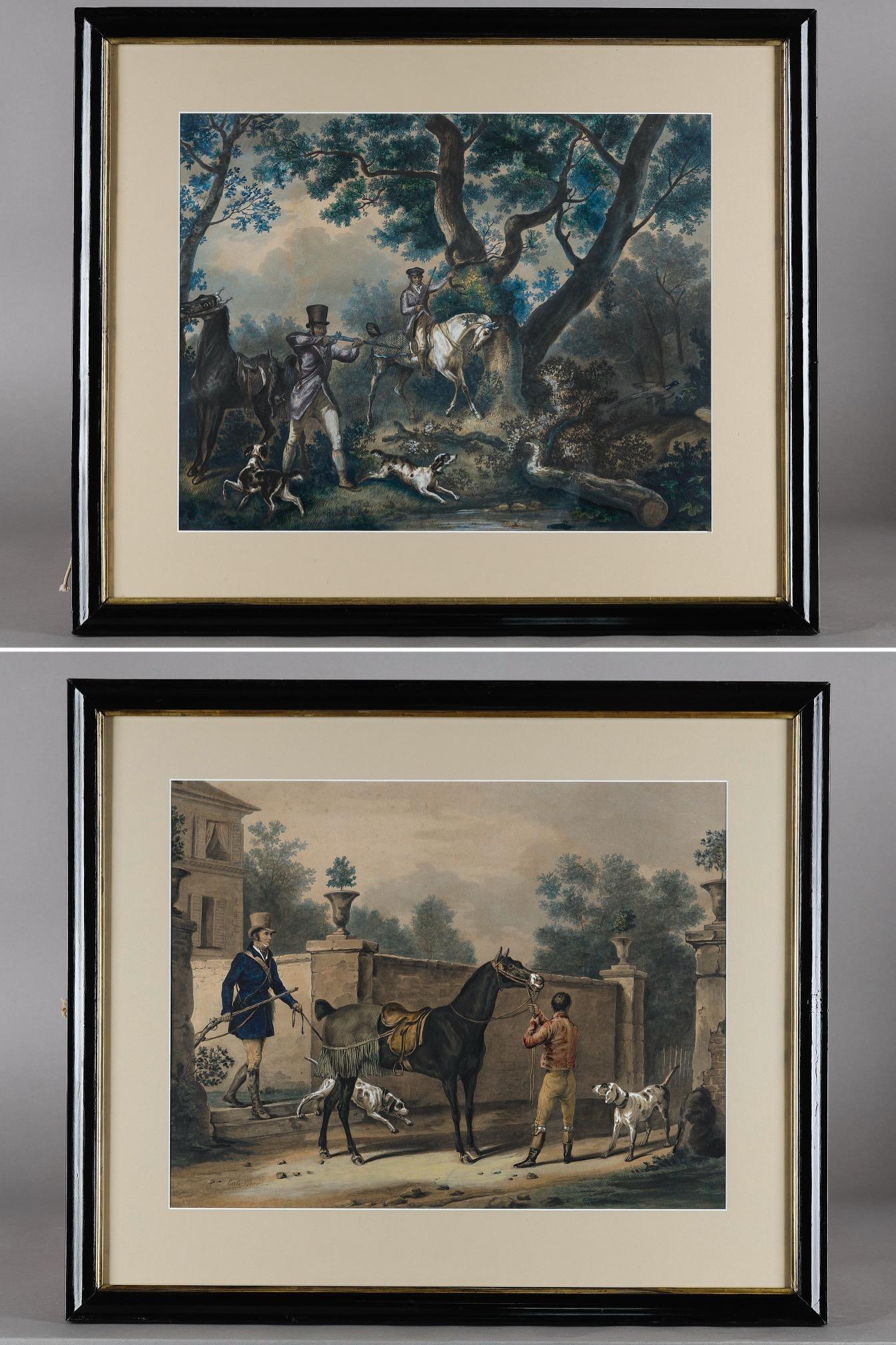 The first engraving depicts a 19th-century hunting scene, with a group of elegantly dressed men, accompanied by dogs and horses, moving through a dense, dramatic forest landscape. A hunter in frock coat and top hat loads a firearm, while hounds
