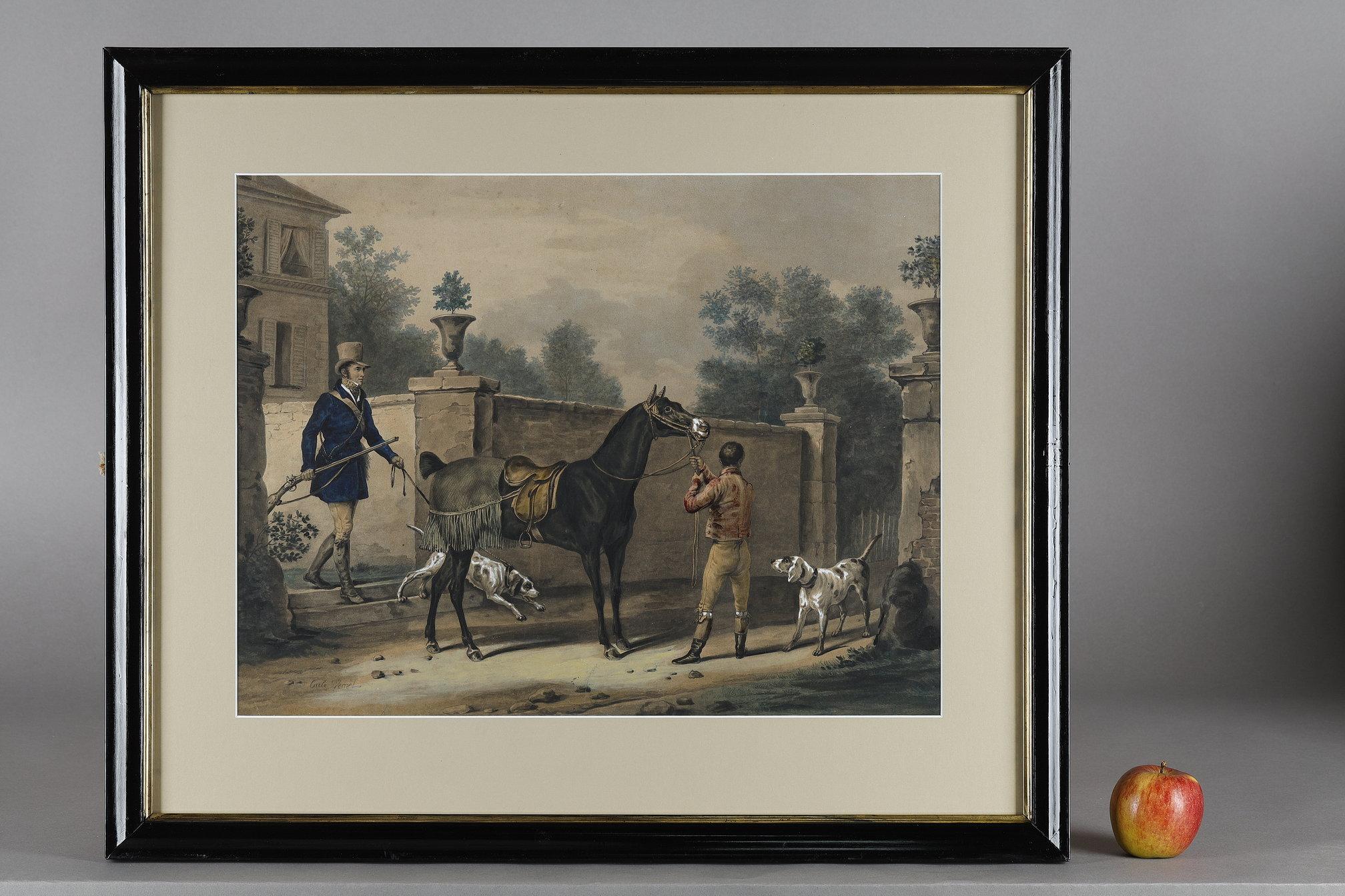 French Two colored engravings enhanced with gouache, signed Carle Vernet For Sale