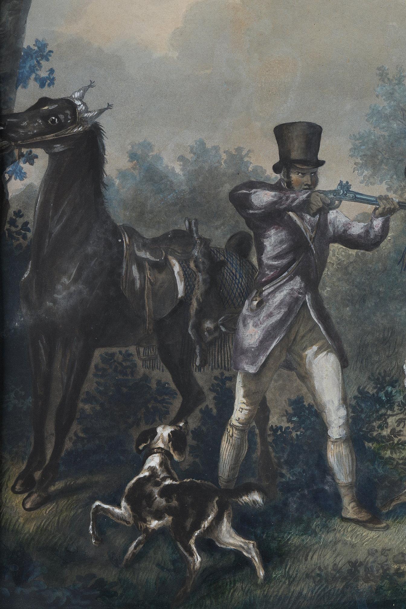 Mid-19th Century Two colored engravings enhanced with gouache, signed Carle Vernet For Sale