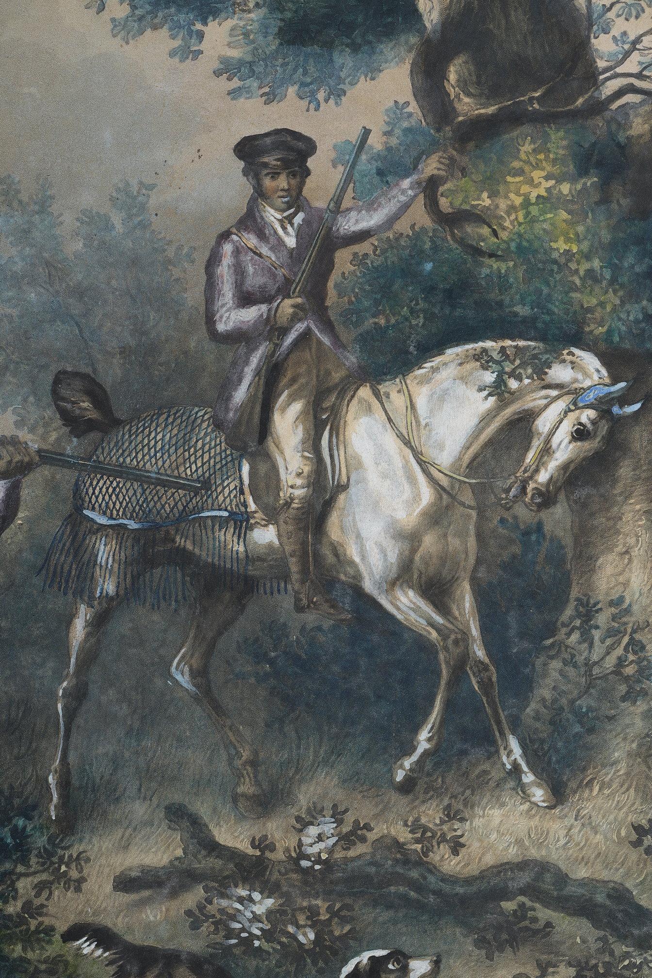 Paper Two colored engravings enhanced with gouache, signed Carle Vernet For Sale