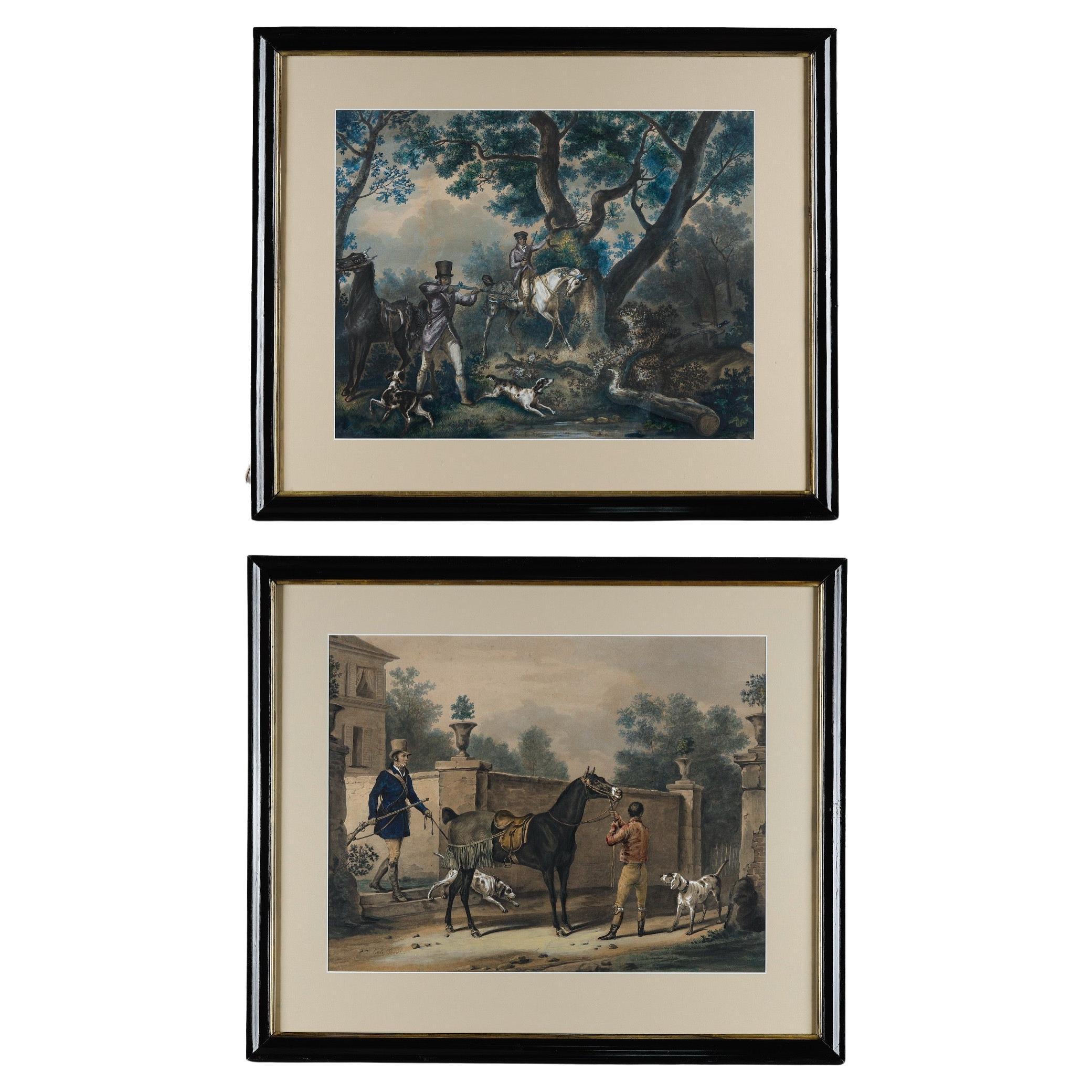 Due incisioni a colori arricchite da gouache, firmate Carle Vernet