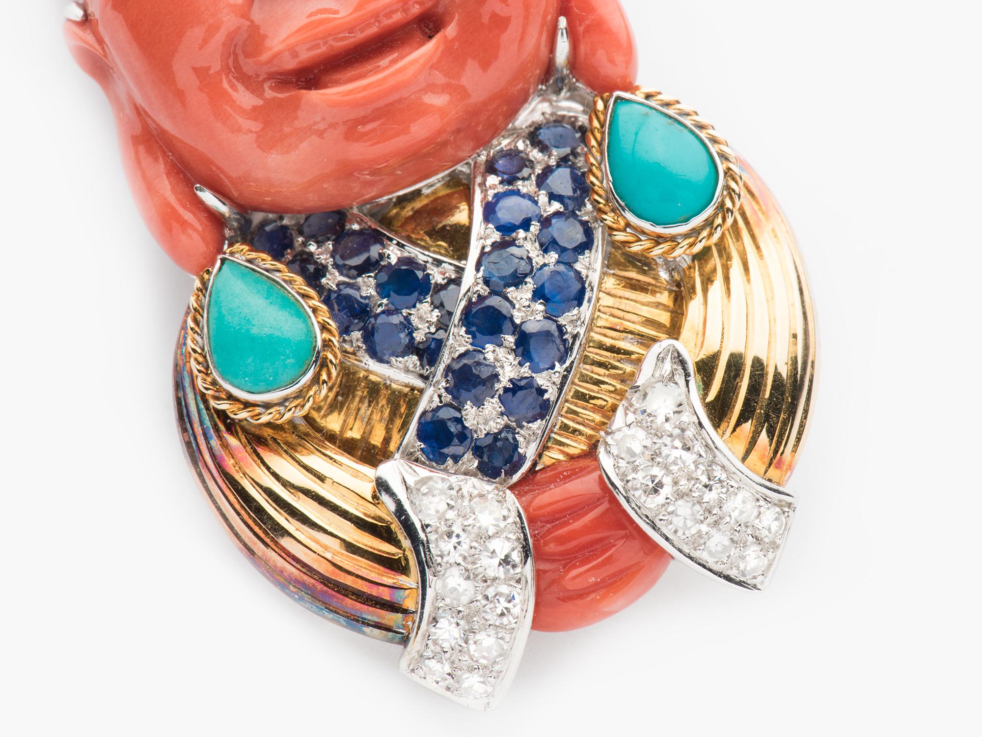 Women's or Men's Two Colored Gold Buddha Clip Brooch with Coral, Turquoise, Sapphire and Diamonds