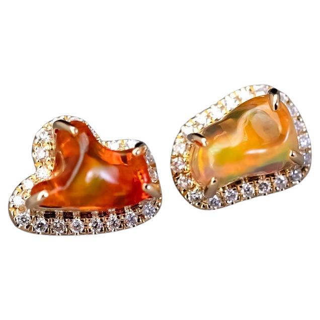 Two Colors Fire Opal Diamond Halo Stud Earrings 18K Yellow Gold