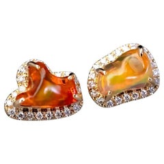 Two Colors Fire Opal Diamond Halo Stud Earrings 18K Yellow Gold