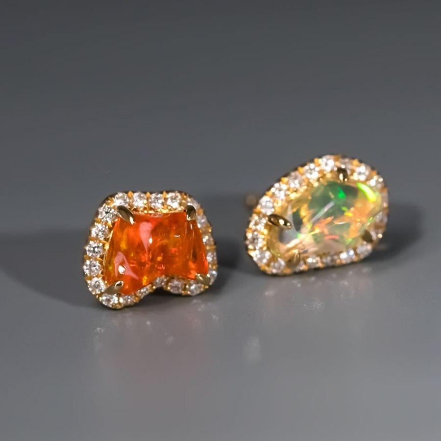 Artist Two Colors Mexican Fire Opal Diamond Halo Stud Earrings 18K Yellow Gold For Sale