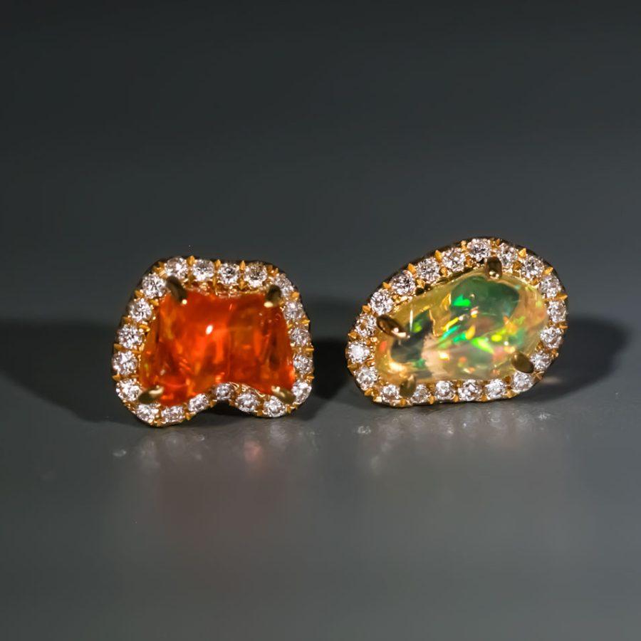 Two Colors Mexican Fire Opal Diamond Halo Stud Earrings 18K Yellow Gold In New Condition For Sale In Suwanee, GA