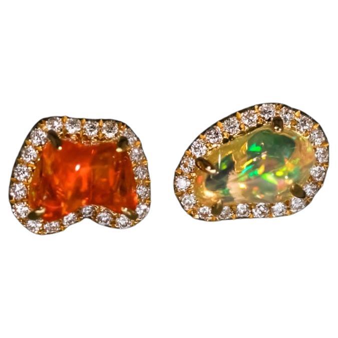 Two Colors Mexican Fire Opal Diamond Halo Stud Earrings 18K Yellow Gold For Sale